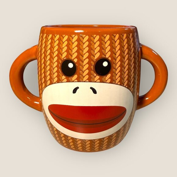 Galerie Sock Monkey Mug Two Handle Ceramic Orange/Brown 16 Oz Coffee Cocoa Tea - Picture 1 of 6